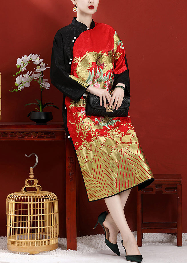 Black Patchwork Red Stand Collar Embroideried Side Open Button Silk Maxi Dresses Long Sleeve