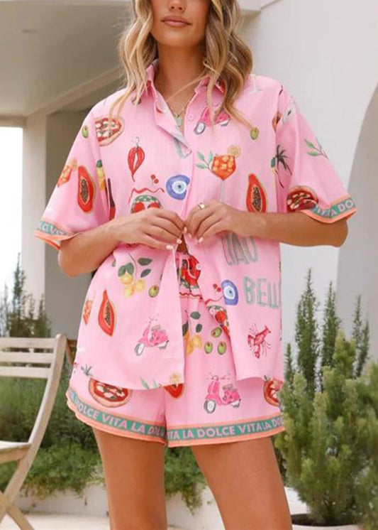 Pink Peter Pan Collar Shirts and Shorts Two Pieces Set Short Sleeve