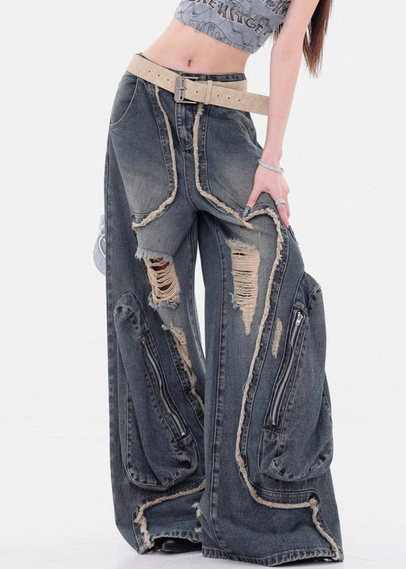 Denim Blue Hole Zippered High Waist Wide Leg Pants Fall