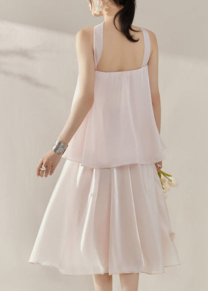 French Pink Patchwork Topand Maxi Skirts Two Piece Set Sleeveless