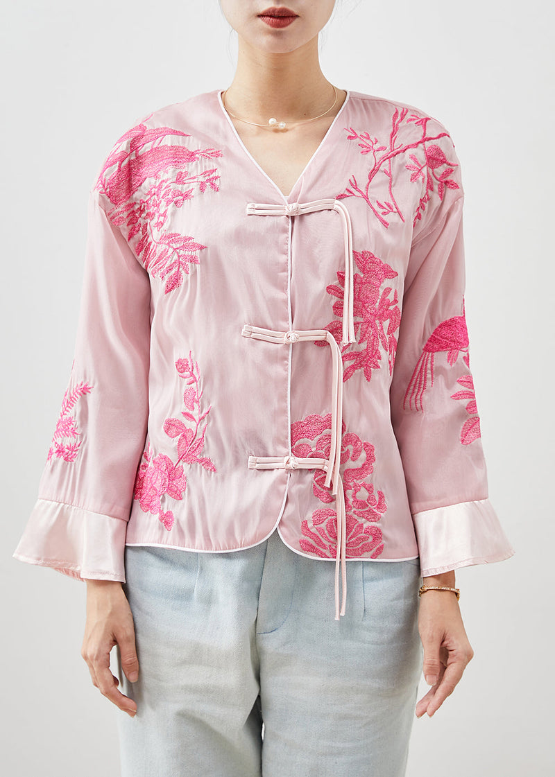 Pink Silk Blouse Tops Embroideried Tasseled Fall