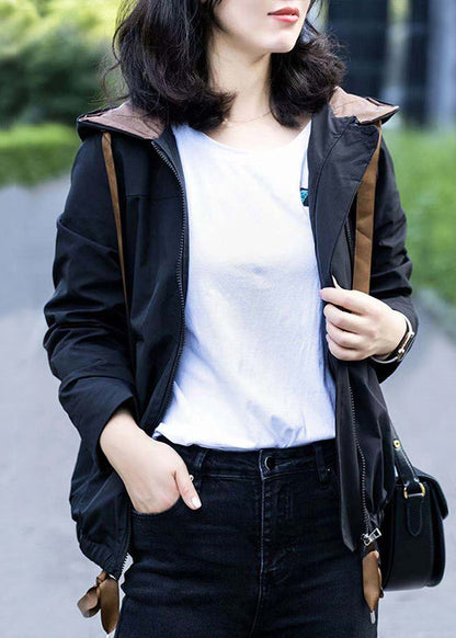 Blue Hooded Zippered Pockets Cotton Coat Fall