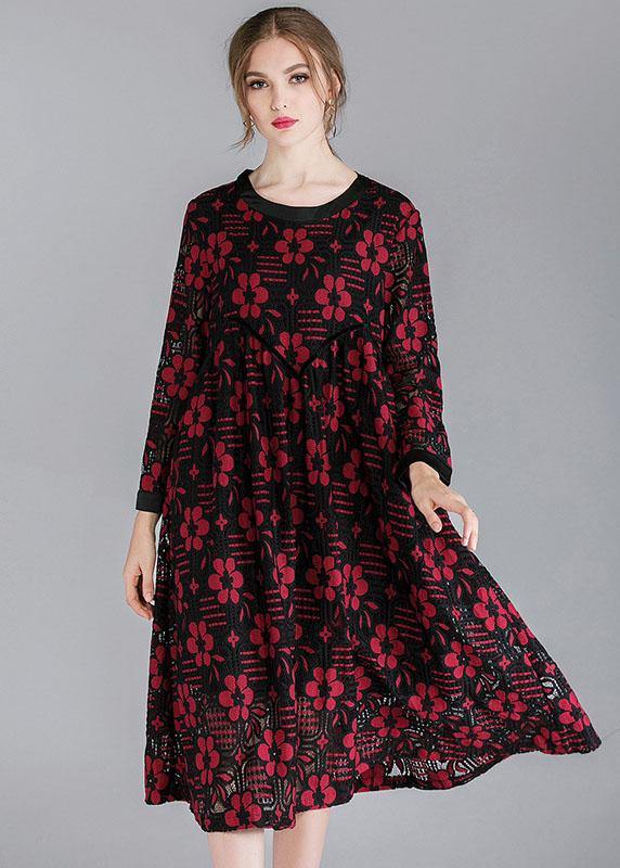 Red Loose O-neck Spring Party Dress Long Sleeve