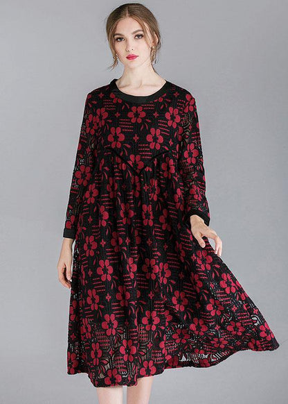 Red Loose O-neck Spring Party Dress Long Sleeve