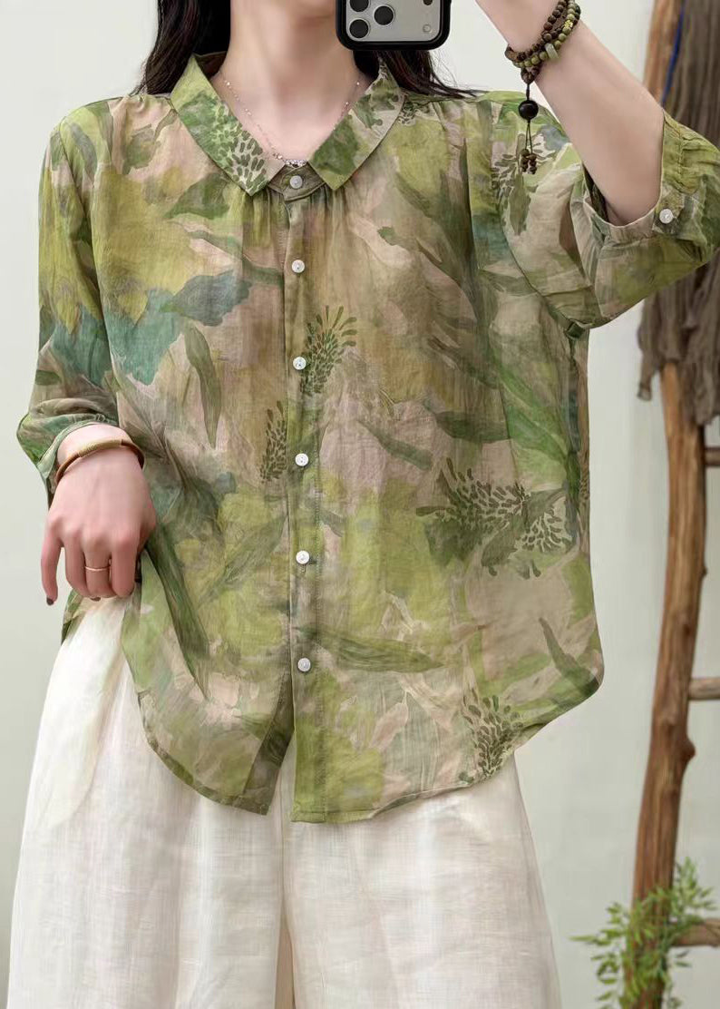 Fitted Green Oversized Print Linen Shirt Tops Half Sleeve