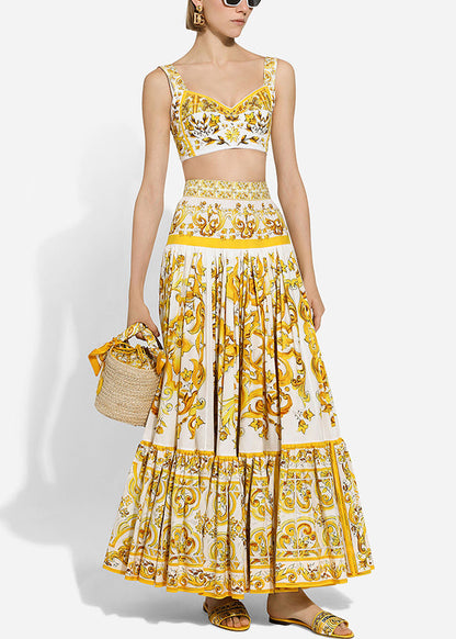 Yellow Print Tank and Skirts Cotton Two Pieces Set Sleeveless