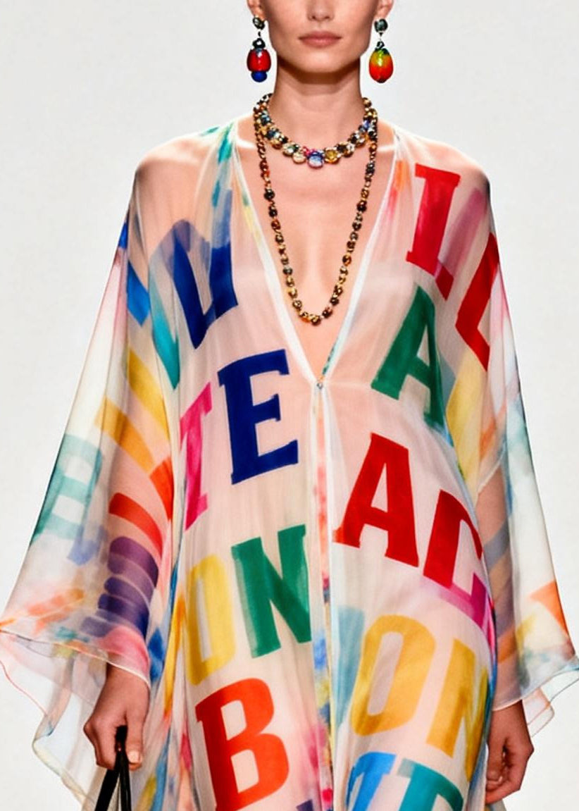 Oversized Letter Print Exra Large Hem Chiffon Beach Dress Summer