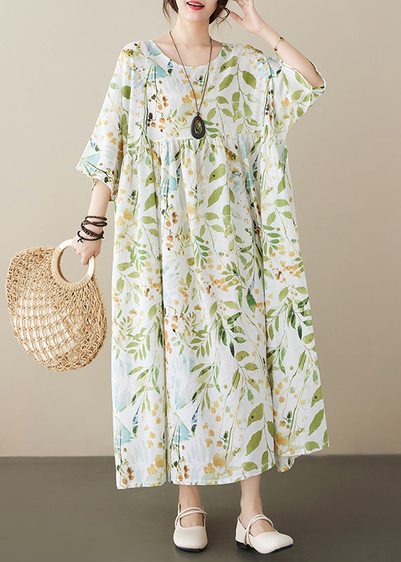 Organic Light Green O-neck Print Wrinkled Maxi Dress Half Sleeve