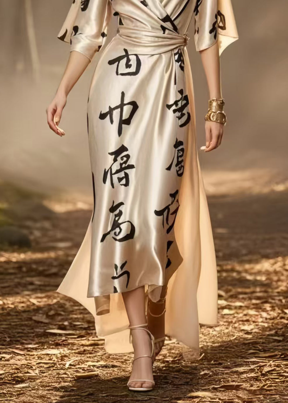 Champagne Print Draping Silk Cinched Dress Summer