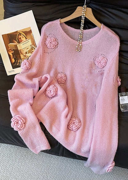 Pink O Neck Hollow Out Cozy Knit Sweater Fall