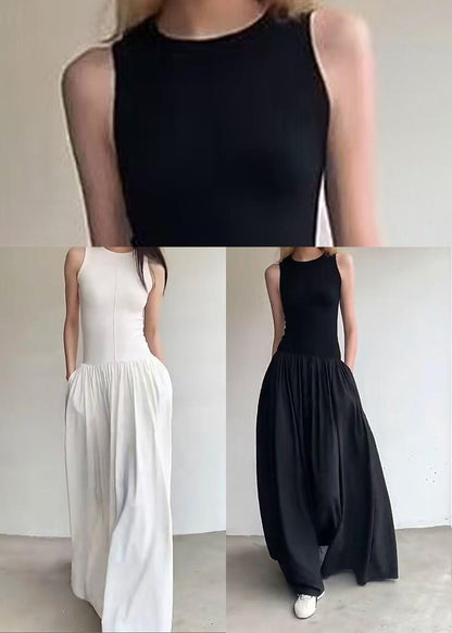Italian Black Patchwork Silm Robe Cotton Dresses Sleeveless