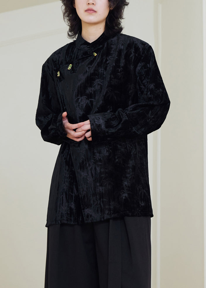 Black Stand Collar Button Silk Velour Shirts Fall
