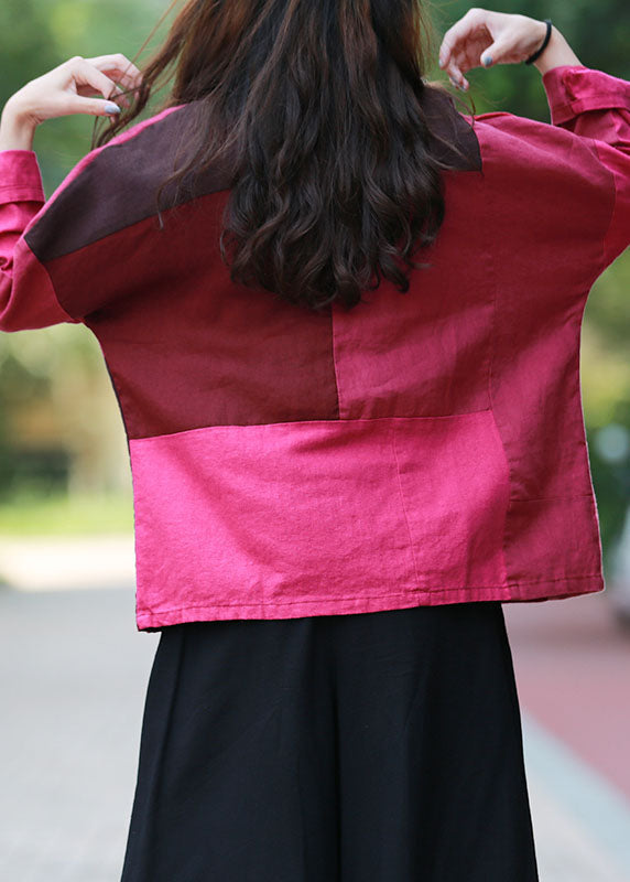 Mulberry Stand Collar Patchwork Oriental Button Linen Shirt Top Spring