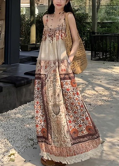 Print Tasseled Pockets Patchwork Cotton Spaghetti Strap Dress Sleeveless