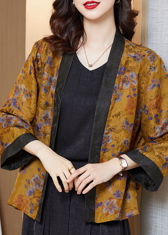 Yellow Print Patchwork Silk Loose Cardigans Bracelet Sleeve