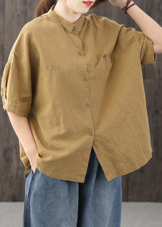 Yellow Peter Pan Collar Asymmetrical Design Cotton Linen Shirts Summer