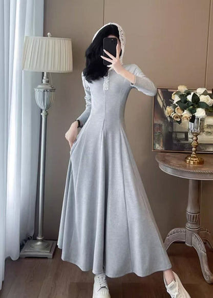 Grey Hooded Patchwork Cotton Long Dress Spring
