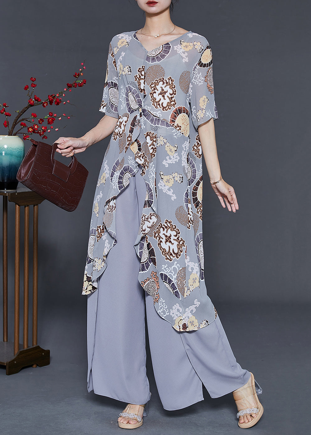 Handmade Grey Ruffled Print Chiffon Two Pieces Set Summer