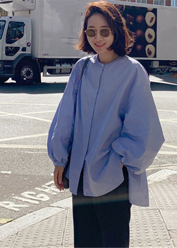 French Blue O-neck Button Side Open Cotton Shirts Lantern Sleeve