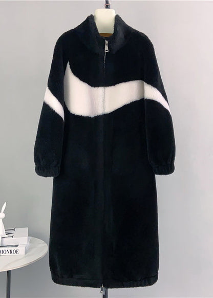 Black Stand Collar Zip Up Pockets Wool Coat Winter