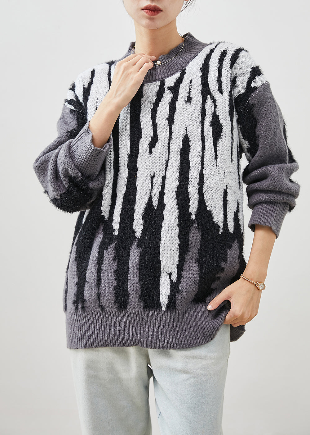 Diy Grey Oversized Jacquard Knit Pullover Winter