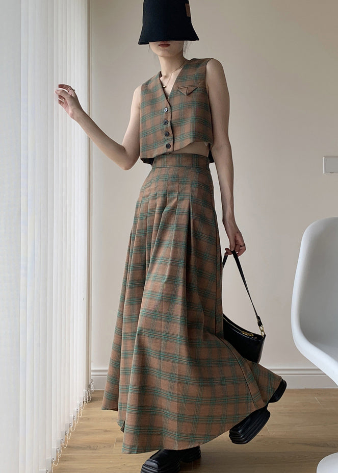 Italian Green Plaid Tops and Pleated Skirts Cotton Two Pieces Set Sleeveless