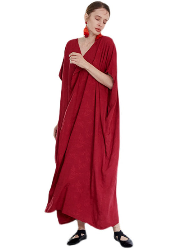 Red V Neck Jacquard Patchwork Cotton Robe Dresses Summer