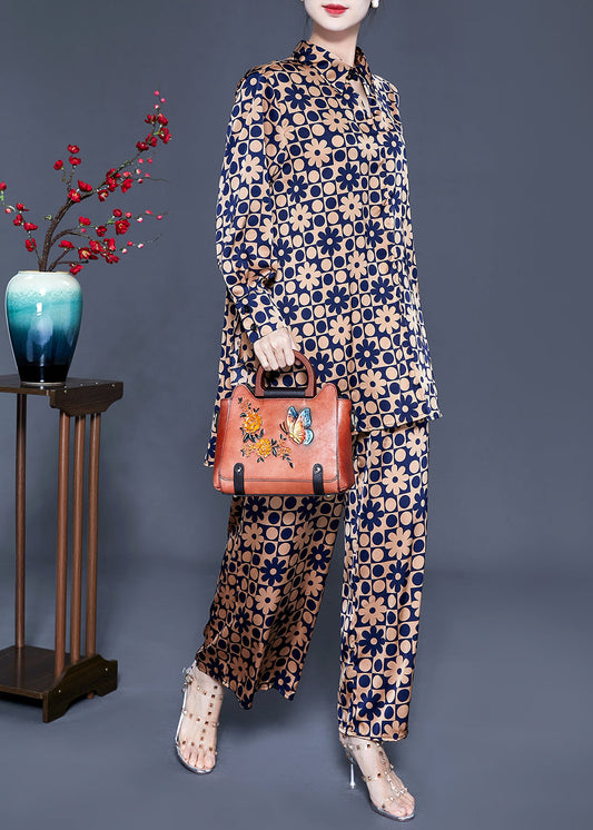 Khaki Stand Collar Print Silk Tops and Pants Two Pieces Set Summer