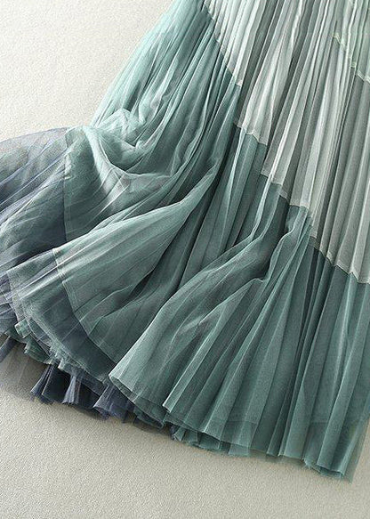 Natural Yellow Elastic Waist Patchwork Tulle Pleated Skirts Spring