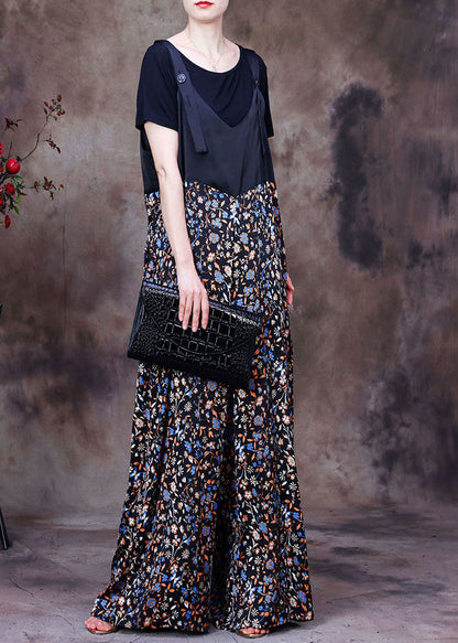 Black Patchwork Print Pockets Silk Overalls Jumpsuit Two Pieces Set Summer