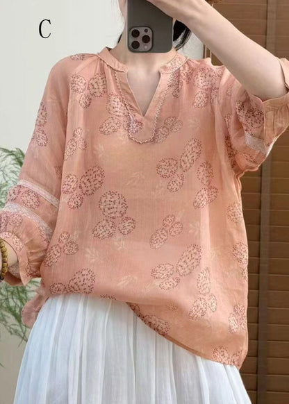 V Neck Print Linen Top Bracelet Sleeve