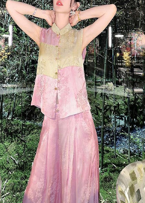 Jacquard Pink Stand Collar Patchwork Silk Cotton Shirts and Wide Leg Pants Two Piece Set Sleeveless