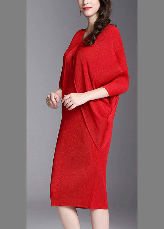 Red V-neck Slim Hip Dress Half Sleeve