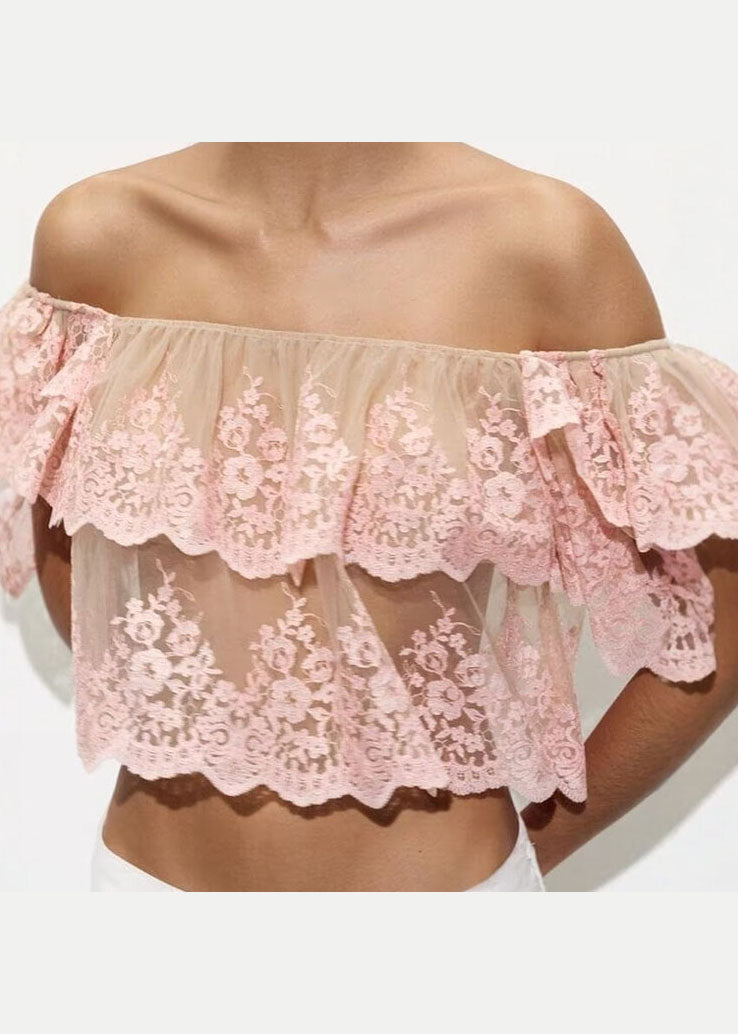 Pink Slash Neck Ruffled Embroidered Tulle Top Summer