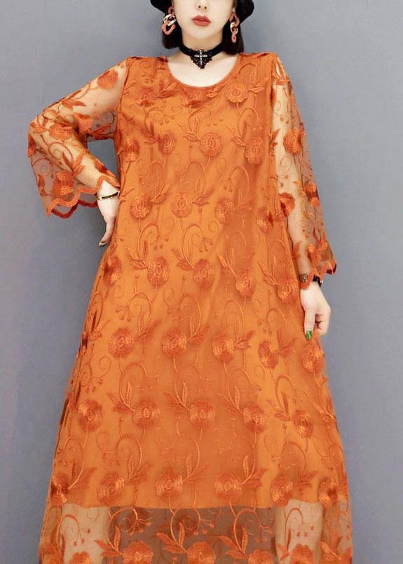 Unique Khaki Tulle Embroideried Fall Long Sleeve Long Dress
