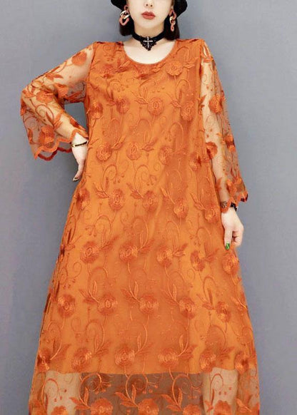 Unique Khaki Tulle Embroideried Fall Long Sleeve Long Dress