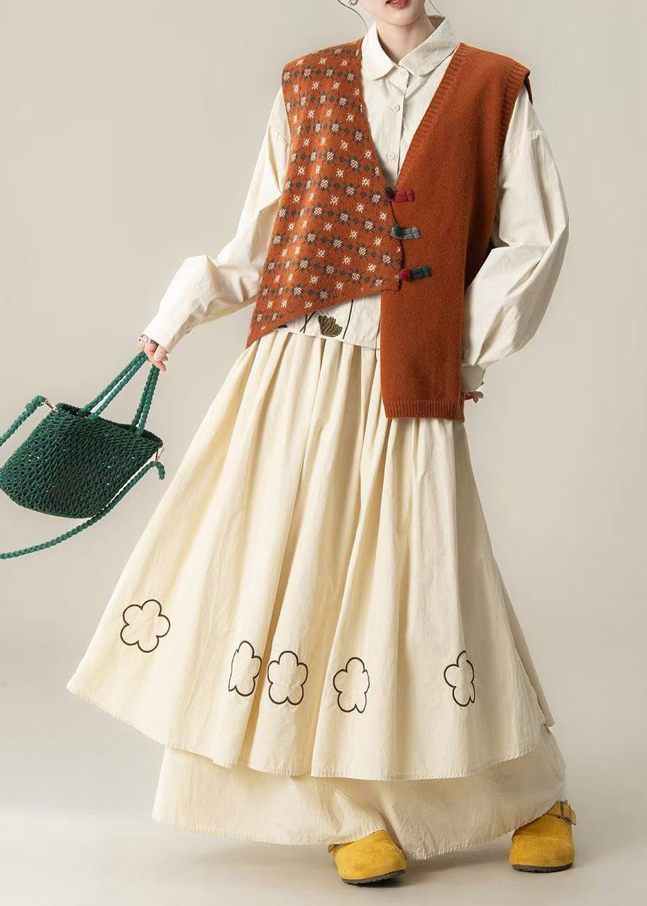 Orange Asymmetrical Embroidered Knit Three-piece Set Spring
