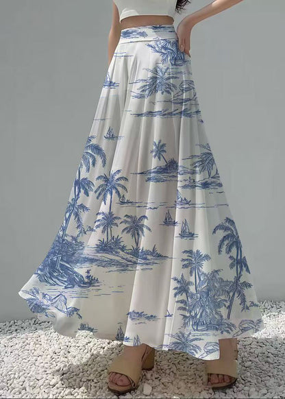 Classy White Print Draping Chiffon Holiday Skirts Summer