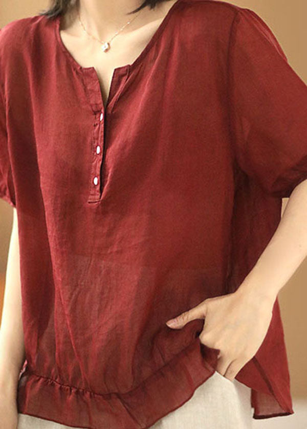 Red V Neck Wrinkled Low High Design Linen Shirts Short Sleeve