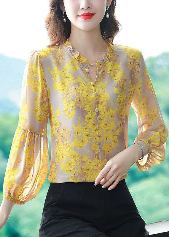 Yellow V Neck Print Chiffon Top Lantern Sleeve