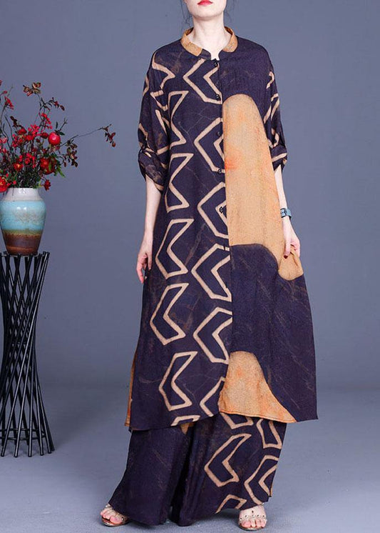 Blue Yellow Print Button Long Shirts Wide Leg Two Pieces Set