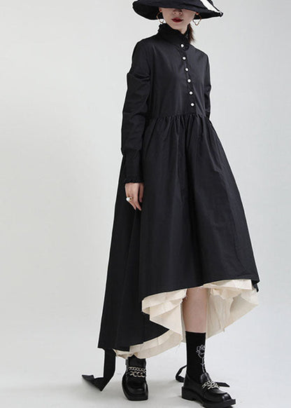 Black Button Patchwork Asymmetrical Design Fall Dresses Long Sleeve