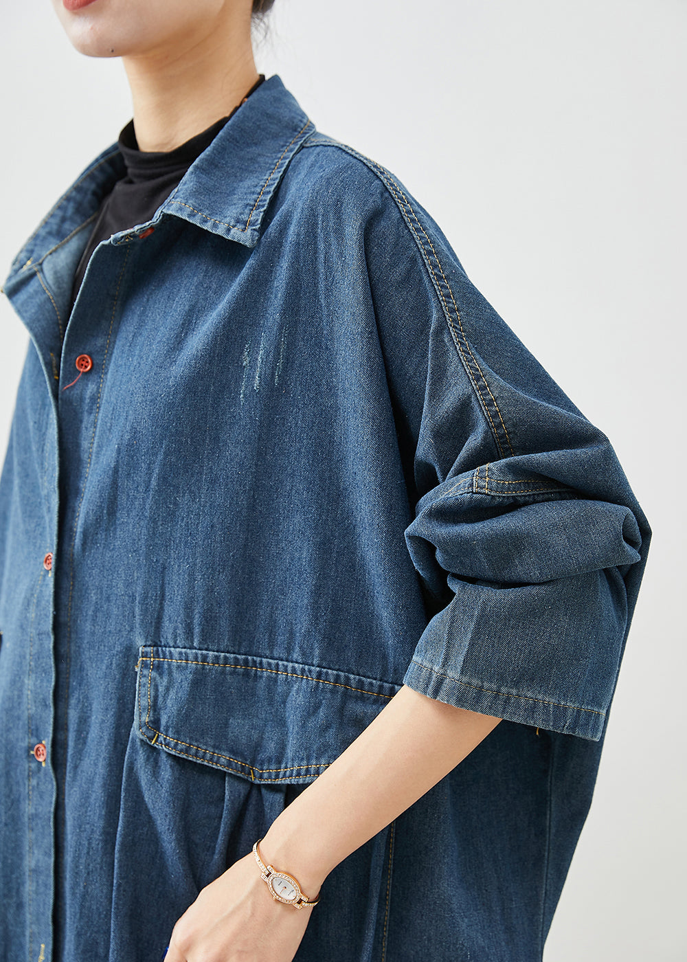 Navy Oversized Big Pockets Denim Trench Fall