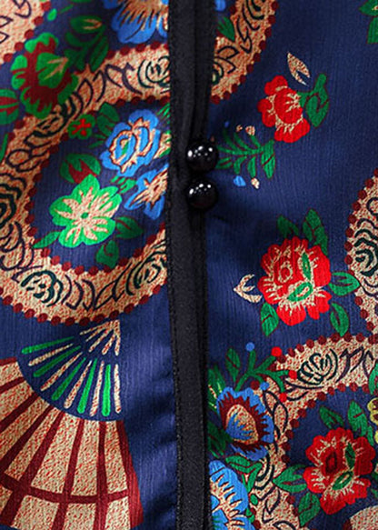 Blue Print Oriental Silk Shirt and Crop Pants Two Pieces Set Mandarin Collar Long Sleeve