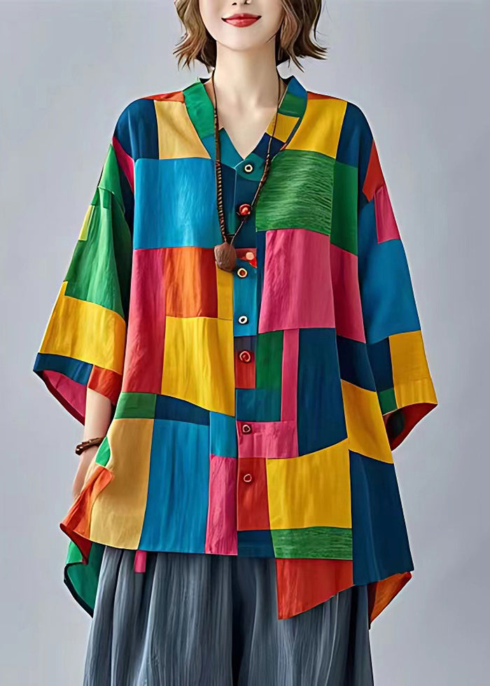 Colorblock Asymmetrical Applique Linen Blouses Bracelet Sleeve