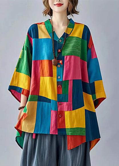 Colorblock Asymmetrical Applique Linen Blouses Bracelet Sleeve