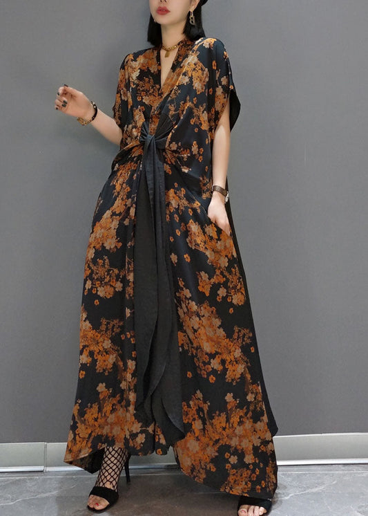 Yellow Tie Waist Print Silk Long Dress Spring