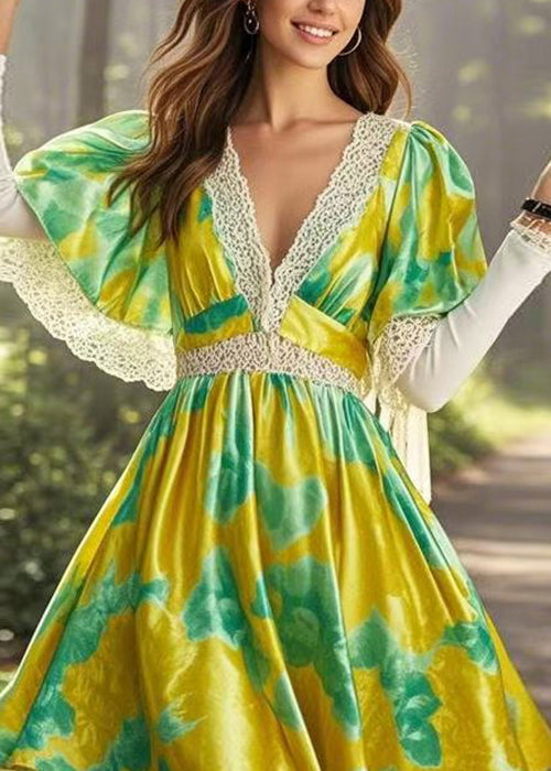 Yellow V Neck Print Lace Patchwork Silk Mid Dress Cloak Sleeves