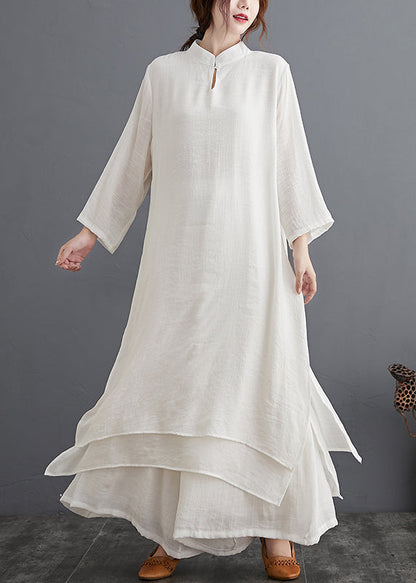 White Stand Collar Patchwork Cotton Two Pieces Set Fall