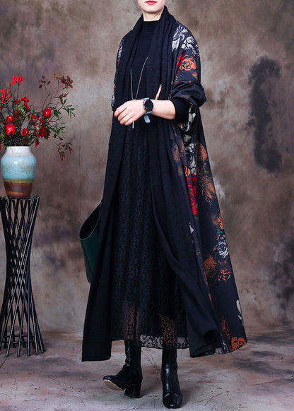 Black Bow Collar Print Loose Long Cardigans Long Sleeve